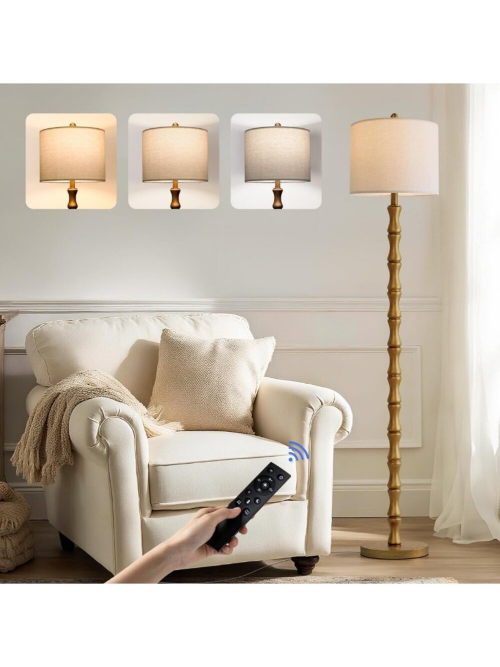Rustic 62" Farmhouse Floor Lamp with Remote, Dimmable 9W Bulb, Antique Gold